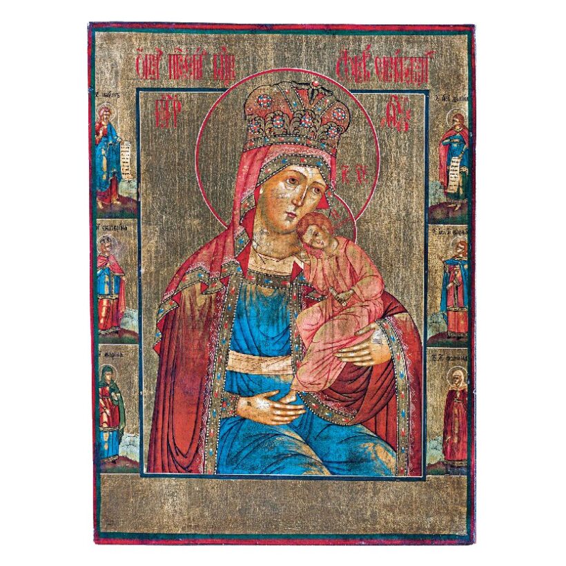 Orosz ikonfestő, 19. sz. vége: Istenszülő a gyermek Jézussal, Szent Naummal, Szent Katalinnal, Szent Marinával, Dániel prófétával, Szent Borbálával és szent vértanunővel