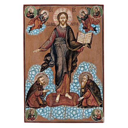 Orosz ikonfestő, 19. sz. vége: Pantokrátor Radonezi Szent Szergejjel, Szent Haralambiosszal, János apostollal és Márk evangelistával