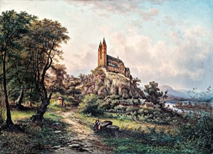 Osztrák festő, 19. sz. közepe: Sziklás táj templommal