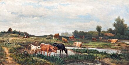 Ranzoni, Gustav (1826-1900): Mocsaras táj legelő csordával, 1871