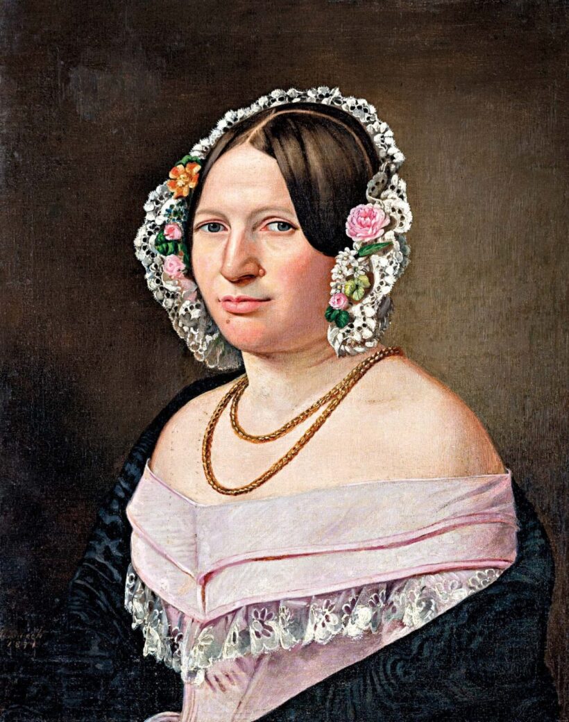 Osztrák festő: Hölgy rózsás főkötővel, 1871
