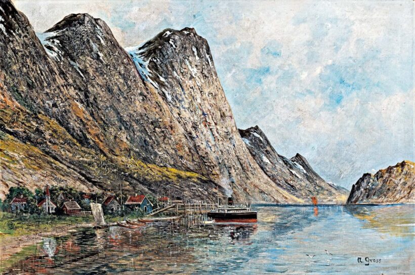 Gross A. jelzéssel, 1900 körül: Gőzhajó a fjordnál