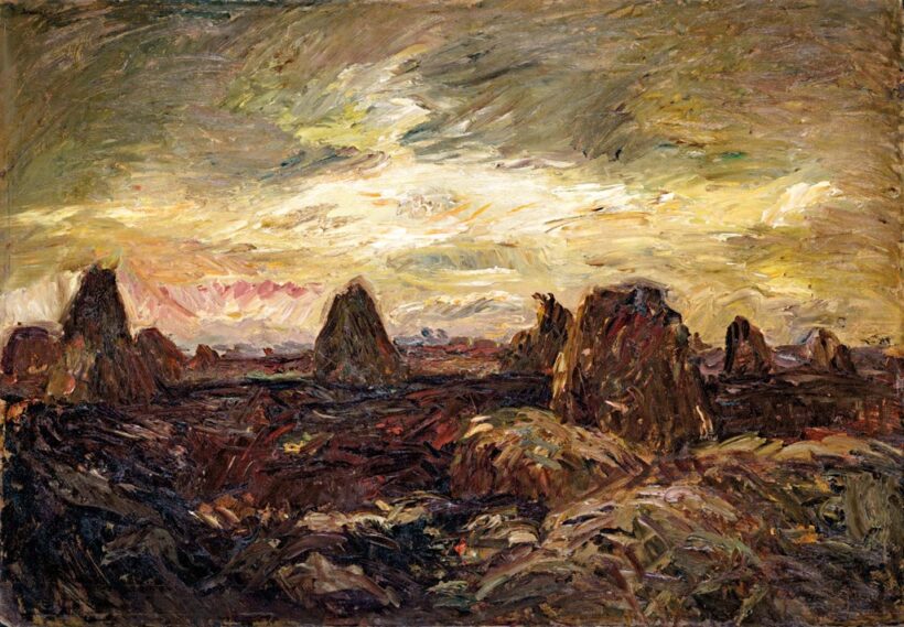 Iványi-Grünwald Béla (1867-1940): Alkonyi táj szénaboglyákkal