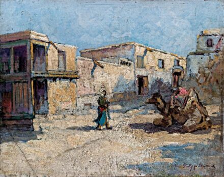 Pádly Aladár (1881-1949): Samarkandi utcarészlet pihenő tevével
