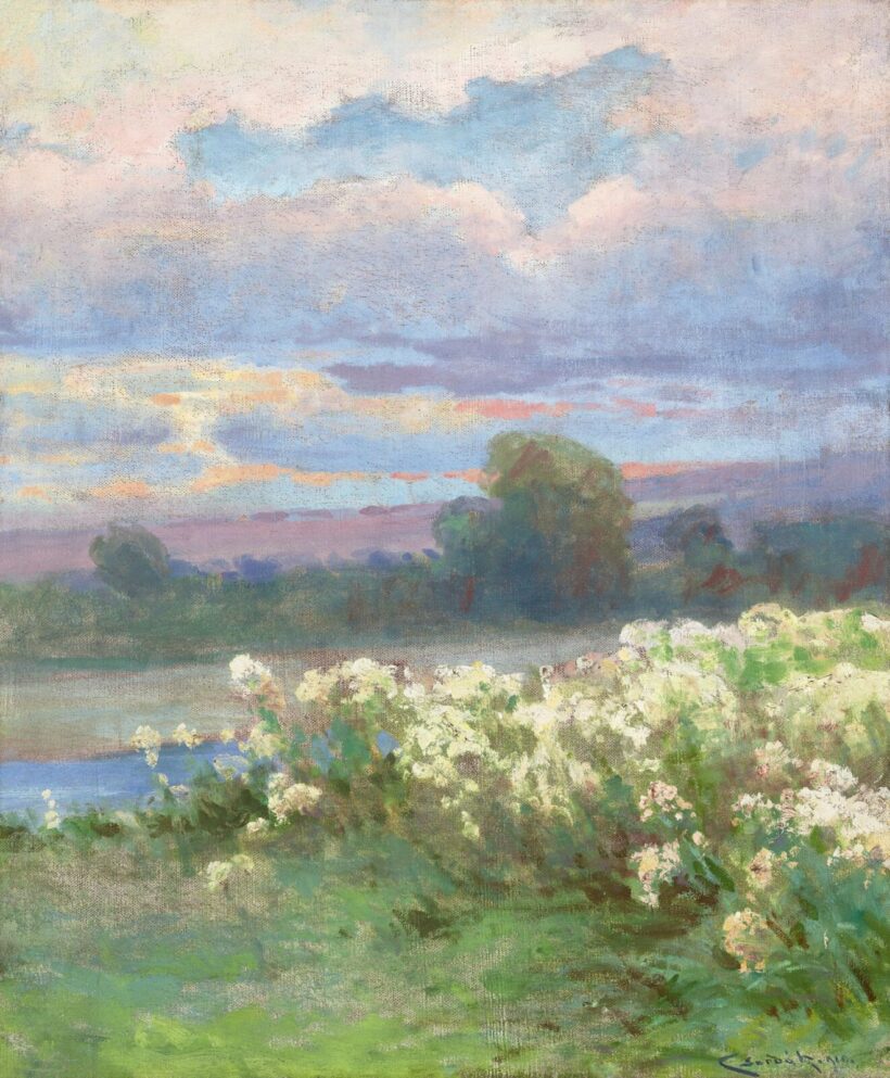 Csordák Lajos:Virágos mező a folyóparton, 1910