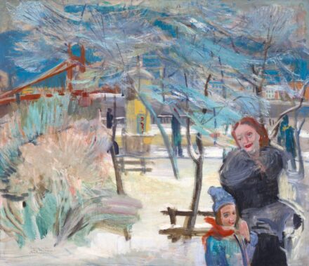 Szentiványi Lajos:A téli duna-parti korzó háttérben a régi Erzsébet-híddal, 1943