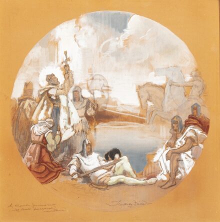 Kontuly Béla (Miskolc, 1904 – Budapest, 1983) A Központi Szeminárium Szt. László freskójának vázlatterve Tempera, karton 460 X 455 mm Jelezve középen lent: Kontuly Béla