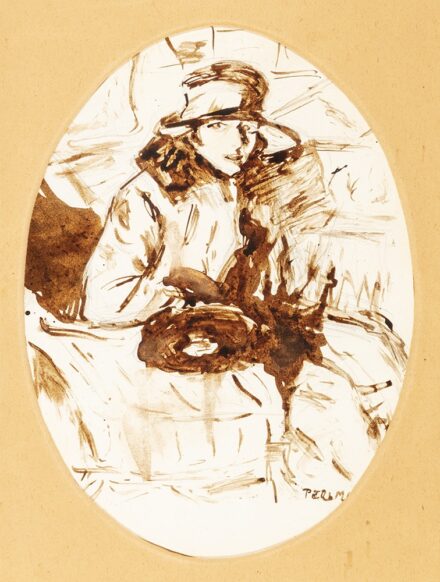 Perlmutter Izsák (Pest, 1866 – Budapest, 1932) Hölgy konflison Diópác,  papír 28 X 20,5 cm Jelezve jobbra lent: Perlmutter