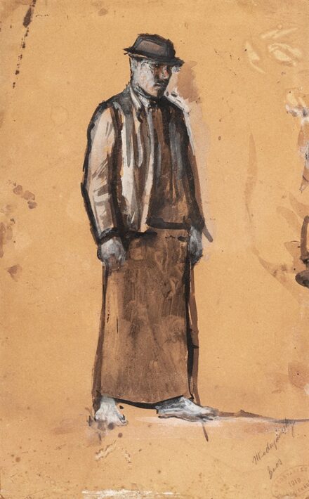 Báró Mednyánszky László (Beckó, 1852 – Bécs, 1919) Parasztlegény Diópác, fedőfehér, papír Jelezve jobbra lent: Mednyánszky Bécs és hagyatéki bélyegző Védett (86909/70)