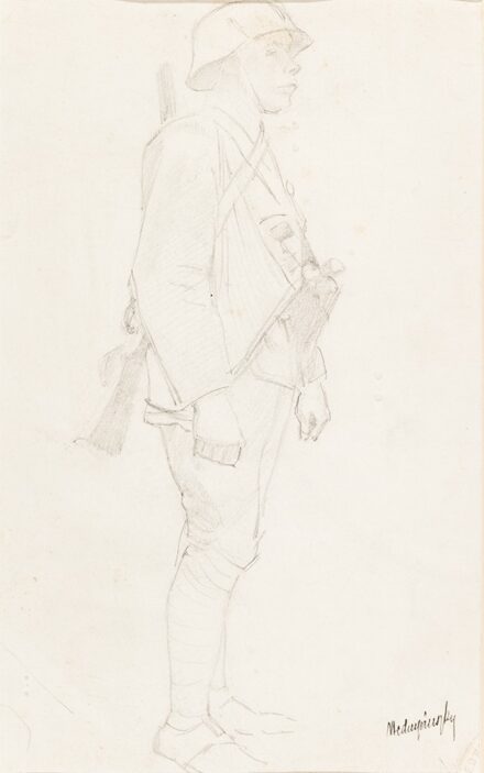Báró Mednyánszky László (Beckó, 1852 – Bécs, 1919) Magyar honvéd Ceruza, papír 310 X 240 mm Jelezve jobbra lent: Mednyánszky és hagyatéki bélyegző Hátoldalon: Pálmai József igazolása