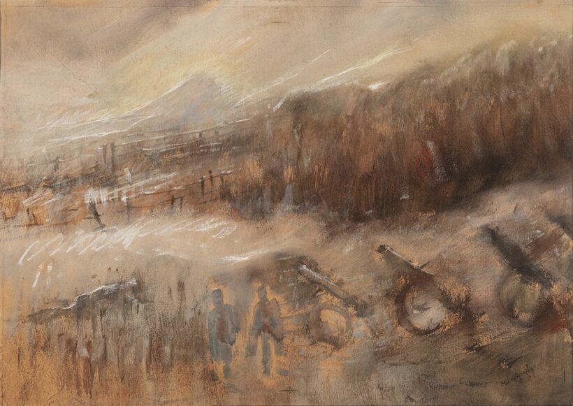 Báró Mednyánszky László (Beckó, 1852 – Bécs, 1919) Katonák Olaj, papír 34 X 48 cm Jelezve jobbra lent: Mednyánszky