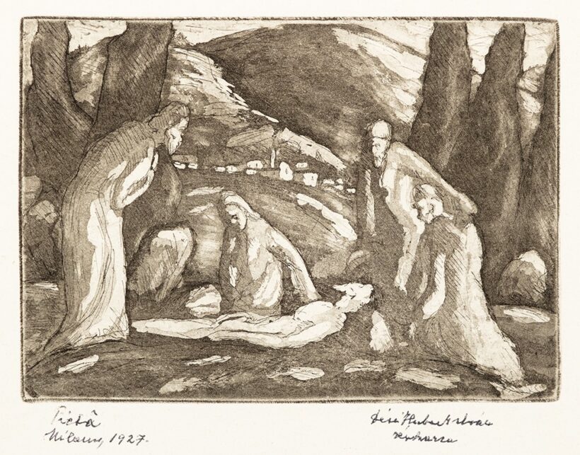 Dési Huber István (Nagyenyed, 1895 – Budapest, 1944) Pieta Rézkarc, papír 96 X 135 mm Jelezve jobbra lent: Dési Huber István rézkarc Jelezve balra lent: Pieta, Milano, 1927