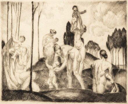 Kolozsváry Sánor (Bánffyhunyad, 1896 - Hidegség, 1944) Árkádiai jelenet Rézkarc, papír 146 X 173 mm Jelzés nélkül
