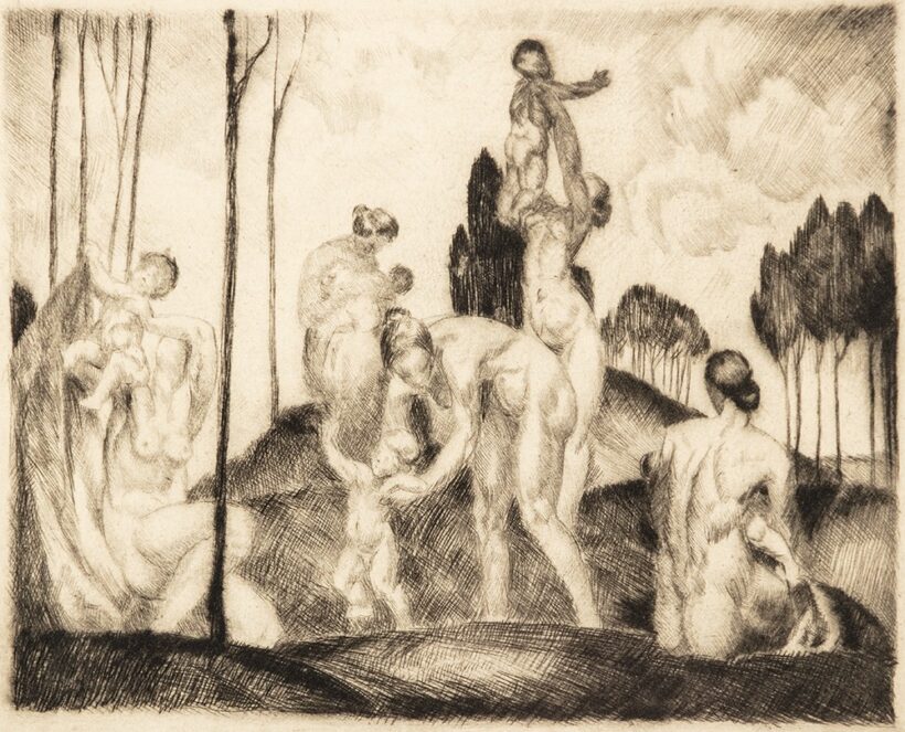 Kolozsváry Sánor (Bánffyhunyad, 1896 - Hidegség, 1944) Árkádiai jelenet Rézkarc, papír 146 X 173 mm Jelzés nélkül