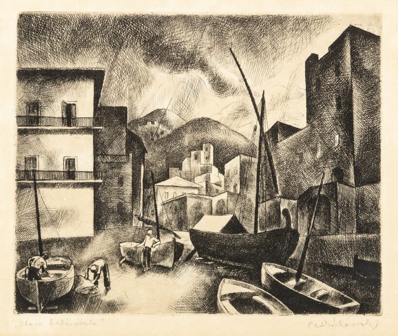 Patkó Károly (Budapest, 1895 — Budapest, 1941) Olasz halászfalu Rézkarc, papír 190 X 230 mm Jelezve jobbra lent: Patkó Károly
