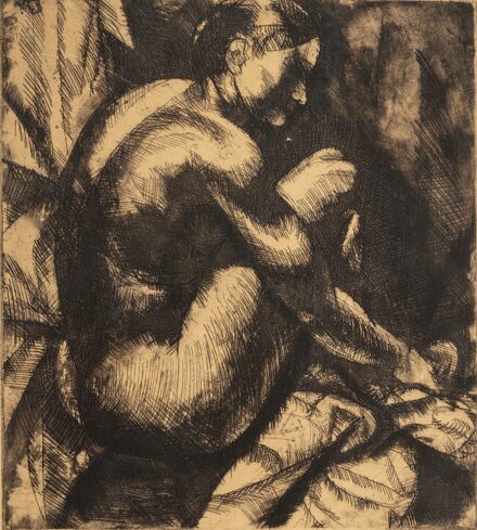 Uitz Béla (Mehala, 1887 – Budapest, 1972) Női akt Rézkarc, papír 370 X 330 mm Jelezve balra fent a dúcon: Uitz B. Sérült, foltos