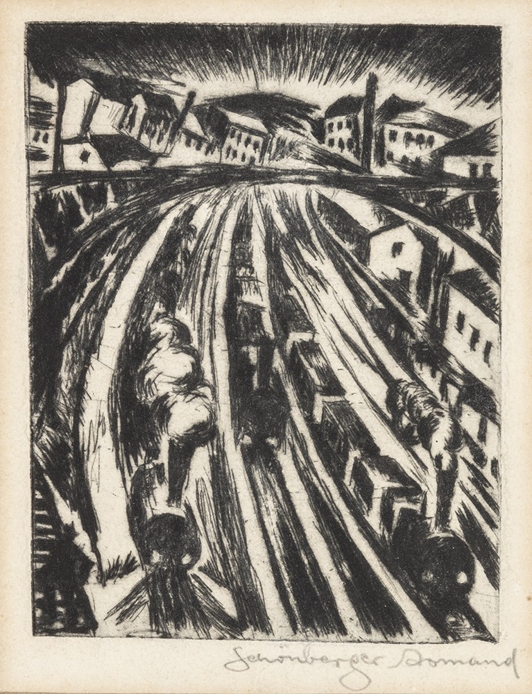 Schönberger Armand (Galgóc, 1885 – Budapest, 1974) Pályaudvar Rézkarc, papír 140 X 110 mm Jelezve jobbra lent: Schönberger Armand