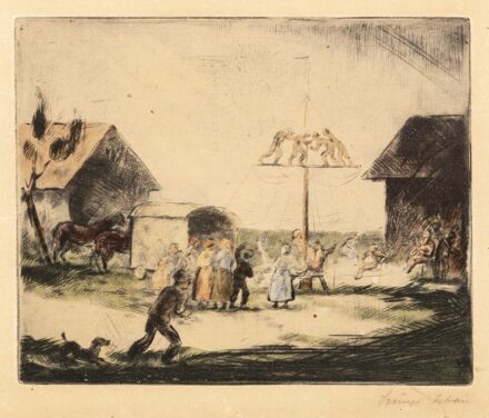 Szőnyi István (Újpest, 1894 – Zebegény, 1960)  Körhinta Színezett rézkarc, papír 175 X 215 mm Jelezve jobbra lent: Szőnyi István