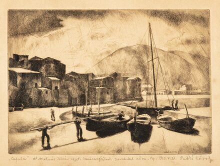 Patkó Károly (Budapest, 1895 — Budapest, 1941) Cefalu Rézkarc, papír 225 X 315 mm Jelezve jobbra lent: Patkó Károly Jelezve jobbra lent a dúcon: Szicília 1930 Alul: Ajánlás