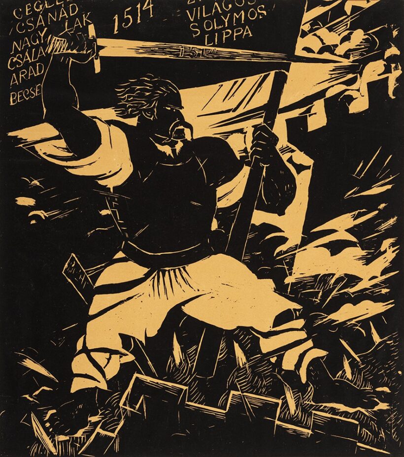 Derkovits Gyula (Szombathely, 1894 – Budapest, 1934) Dózsa sorozat Fametszet, papír 495 X 435 mm Jelezve jobbra lent: Derkovits Gyula 'Dózsa' fametszet sorozatából 1924-ből Derkovits Gyné Jelezve középen lent: 1514