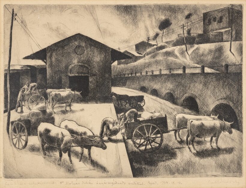 Patkó Károly (Budapest, 1895 — Budapest, 1941) San Vito-i állomás Rézkarc, papír 245 X 340 mm Jelezve jobbra lent: Patkó Károly Jelezve balra lent: San Vitoi teher-állomás Jelezve középen lent: Ajánlás