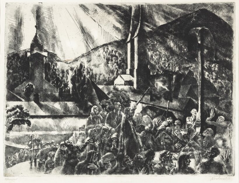 Aba-Novák Vilmos (Budapest, 1894 – Budapest, 1941) Körmenet Rézkarc, papír 343 X 458 mm Jelezve jobbra lent: Aba-Novák 25 Jelezve balra lent: Körmenet