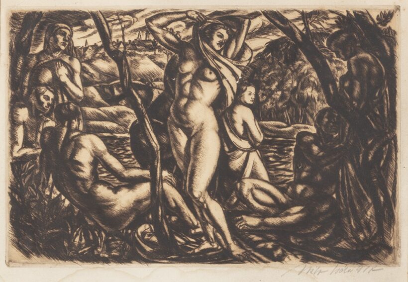 Uitz Béla (Mehala, 1887 – Budapest, 1972) Fürdőzők Hidegtű, papír 235 X 335 mm Jelezve jobbra lent: Uitz Béla 917