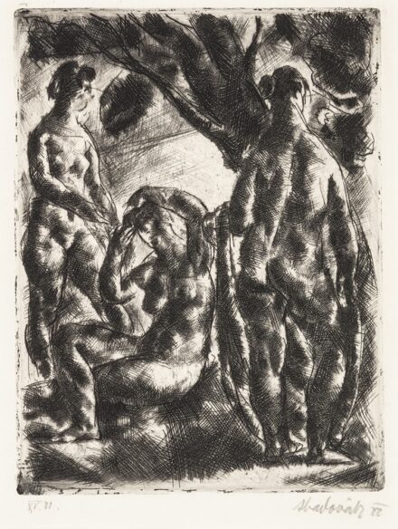 Aba-Novák Vilmos (Budapest, 1894 – Budapest, 1941) Aktok a szabadban Rézkarc, papír 195 X 150 mm Jelezve jobbra lent: Aba-Novák 22 Jelezve balra lent: XV.II.