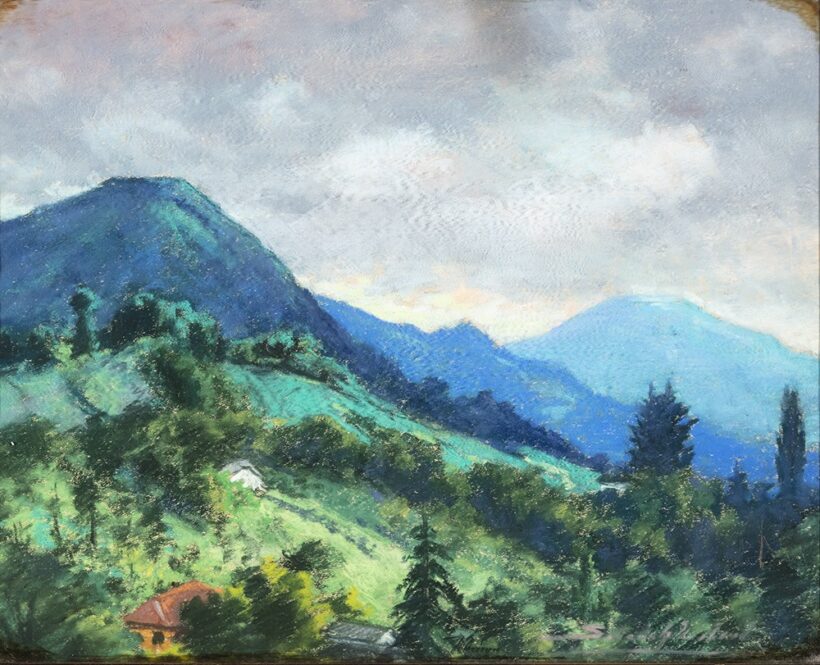 Sztelek Norbert (Pusztaszentjakab, 1884 - Nagybánya, 1956) Nagybánya környéke Pasztell, papír 390 X 490 mm Jelezve jobbra lent: Sztelek Norbert