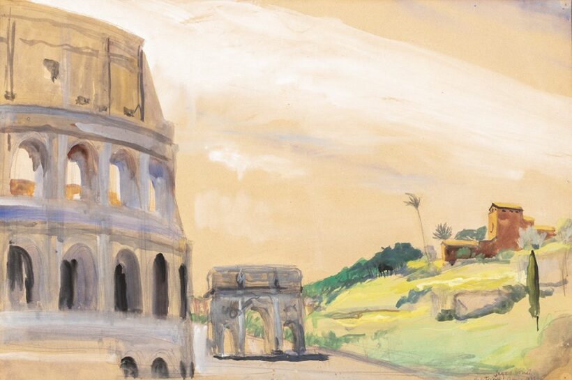 Jeges Ernő (Torontálvásárhely, 1898 — Budapest, 1956) Róma, 1935 Tempera, fedőfehér, papír 470 X 700 mm Jelezve jobbra lent: Jeges Ernő