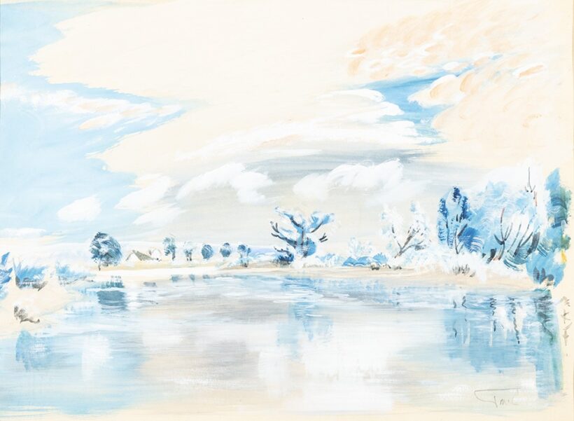 Boromisza Tibor (Bácsalmás, 1880 — Szentendre, 1960) Téli tájkép Tempera, papír 300 X 405 mm Jelezve jobbra lent: Rovásírással