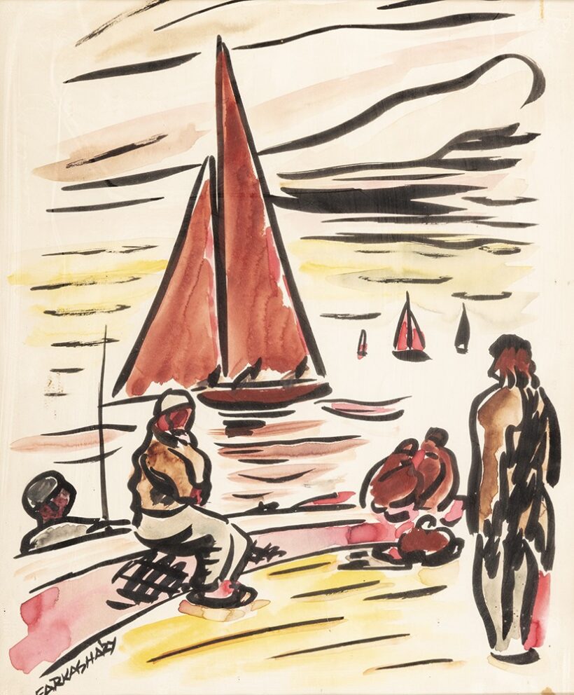 Farkasházy Miklós (Budapest, 1895 - Budapest, 1964) Balatoni vitorlások Akvarell, papír 37 X 30 cm Jelezve balra lent: Farkasházy