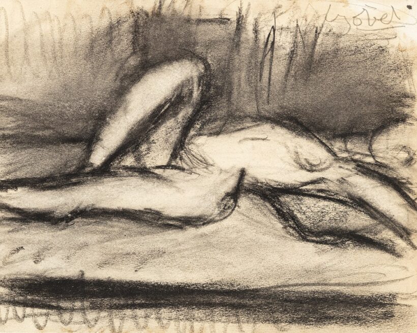 Czóbel Béla (Budapest, 1883 – Budapest, 1976) Fekvő akt Szén, papír 22,5 X 28 cm Jelezve jobbra fent: Czóbel
