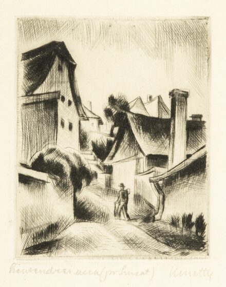 Kmetty János (Miskolc, 1889 - Budapest, 1975) Szentendrei ucca Rézkarc, papír 95 X 75 mm Jelezve jobbra lent: Kmetty (próba húzat)