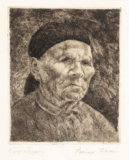Szőnyi István (Újpest, 1894 – Zebegény, 1960) Öregasszony Rézkarc, papír 132 X 108 mm Jelezve jobbra lent: Szőnyi István Jelezve jobbra lent a dúcon: Sz. 922 Restaurált