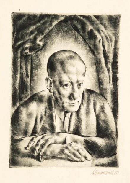 Aba-Novák Vilmos (Budapest, 1894 – Budapest, 1941) Tarjáni Simkovics Jenő portréja Rézkarc, papír 245 X 175 mm Jelezve jobbra lent: Aba-Novák 23