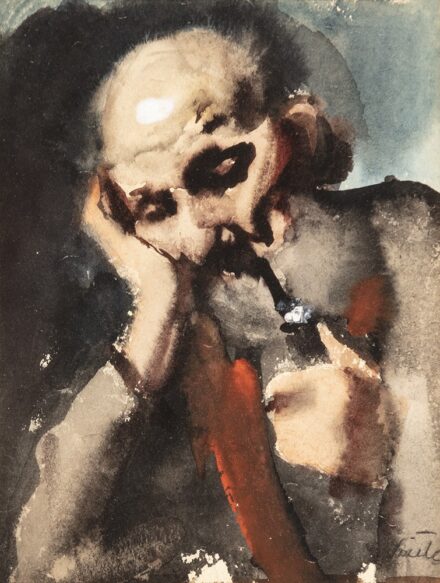 Szüle Péter (Cegléd, 1886 – Budapest, 1944) Gondolkodó Akvarell, papír 182 X 140 mm Jelezve jobbra lent: Szüle