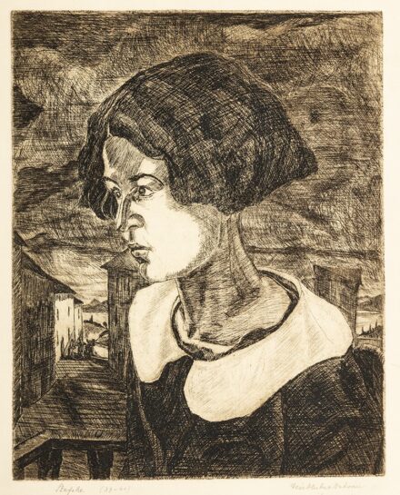Dési Huber István (Nagyenyed, 1895 – Budapest, 1944) Stefike Rézkarc, papír 270 X 215 mm Jelezve jobbra lent: Dési Huber István Jelezve balra lent: Stefike 39-40 Milánó, 1927 Hátoldalon: Autográf felirat