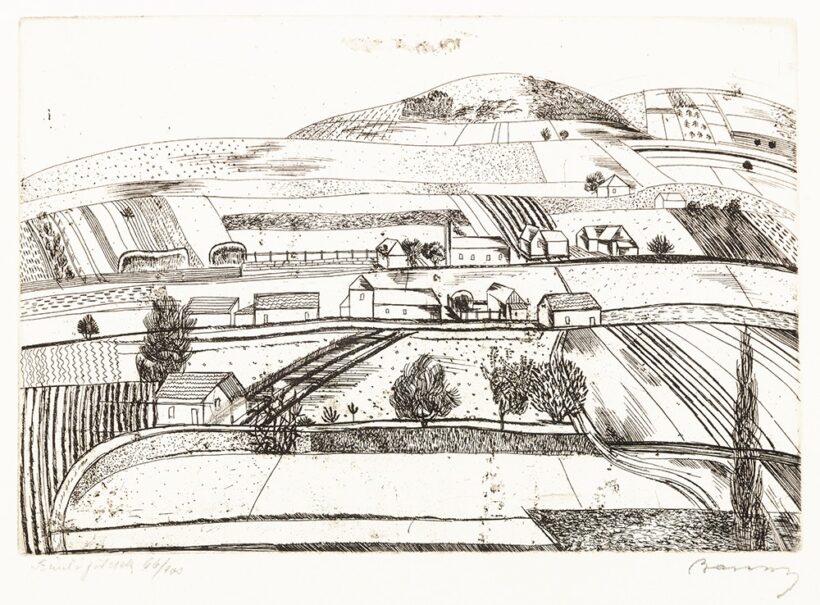 Barcsay Jenő (Katona, 1900 – Budapest, 1988) Szántóföldek, 66/100 Hidegtű, papír 200 X 290 mm Jelezve jobbra lent: Barcsay