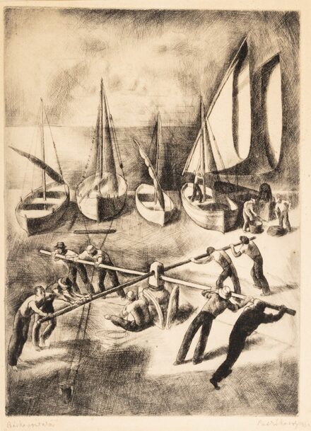 Patkó Károly (Budapest, 1895 — Budapest, 1941) Bárkavontatás Rézkarc, papír 338 X 245 mm Jelezve jobbra lent: Patkó Károly 1930