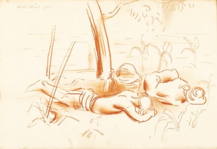 Miháltz Pál (Magyarvalkó, 1899 – Budapest, 1988) Pihenők Vörös kréta, papír 250 X 370 mm Jelezve jobbra fent: Miháltz Pál 1934