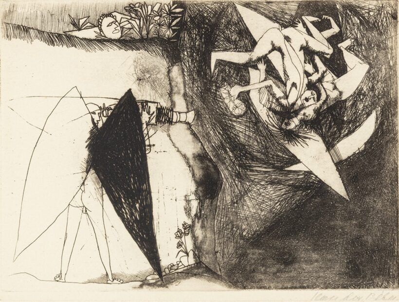 Kondor Béla (Pestszentlőrinc, 1931 – Budapest, 1972) Angyalok bukása (Ikaros és Daidalos) Rézkarc, papír 170 X 230 mm Jelezve jobbra lent: Kondor Béla Életműkatalógus száma: 1957/41, reprodukálva ott