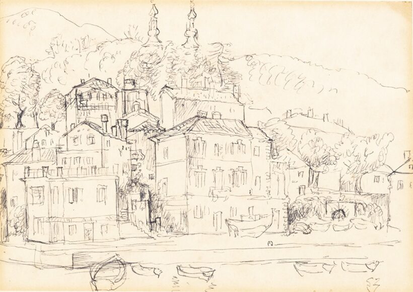 Szabó Vladimir (Balassagyarmat, 1905 – Budapest, 1991) Volosko a tenger felől Golyóstoll, papír 13 X 18 cm Jelezve jobbra lent: SzV