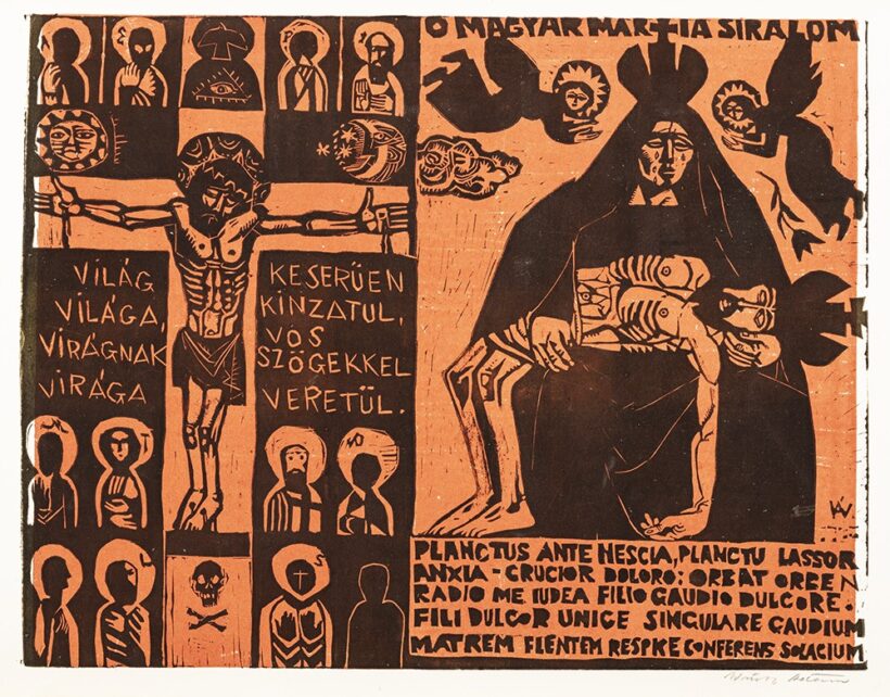 Würtz Ádám (Tamási, 1927 – Budapest, 1994) Ó magyar Mária siralom Linóleum metszet, papír 400 X 515 mm Jelezve jobbra lent: Würtz Ádám