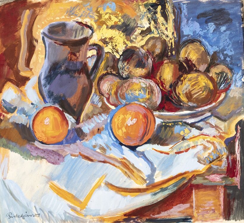 Pirk János (Galánta, 1903 - Szentendre, 1989) Csendélet bokállyal Tempera, papír 43 X 49 cm Jelezve balra lent: Pirk János