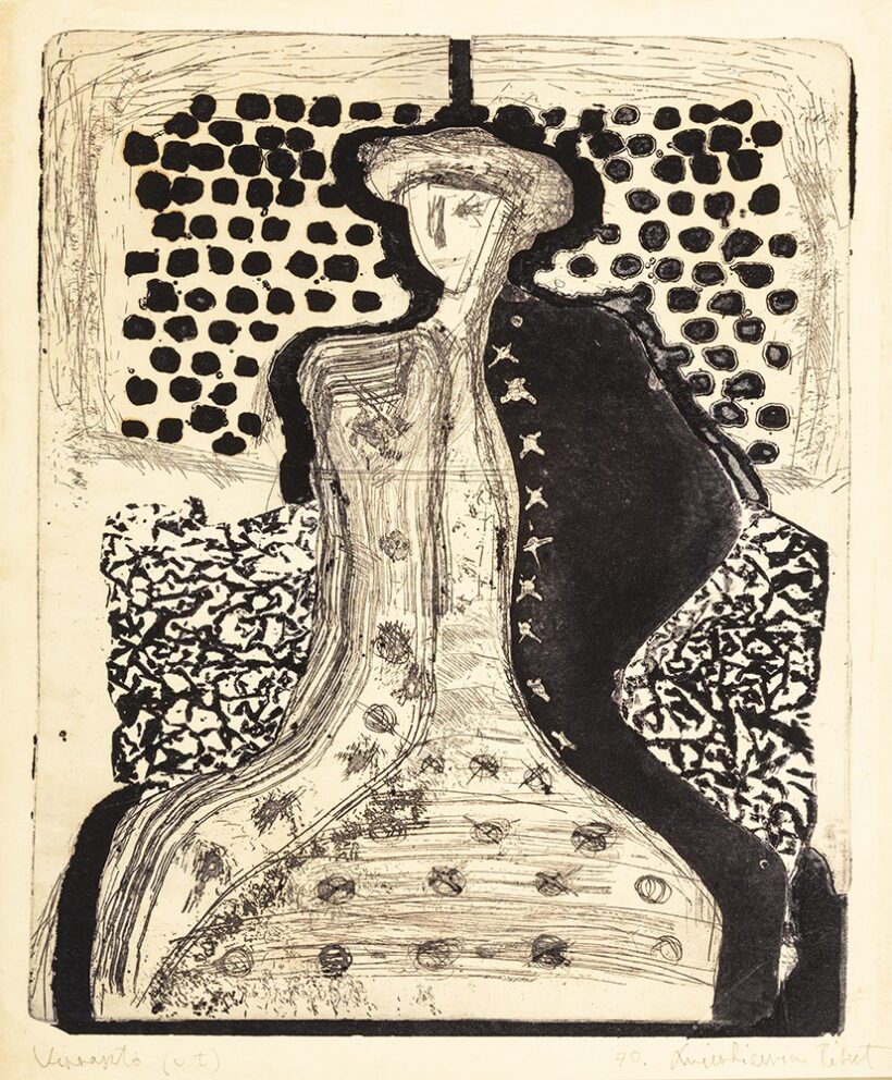 Swierkiewicz Róbert (Pécs, 1942 - ) Virrasztó Rézkarc, papír 495 X 395 mm Jelezve jobbra lent: 70 Swierkiewitz Róbert Jelezve balra lent: Virrasztó (VT)