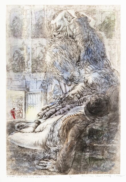 Rádóczy Gyarmathy Gábor (Budapest, 1943 - ) Jókai jövő század regénye, EA 1 Színes rézkarc, papír 595 X 400 mm Jelezve jobbra lent: Rádóczy Gyarmathy