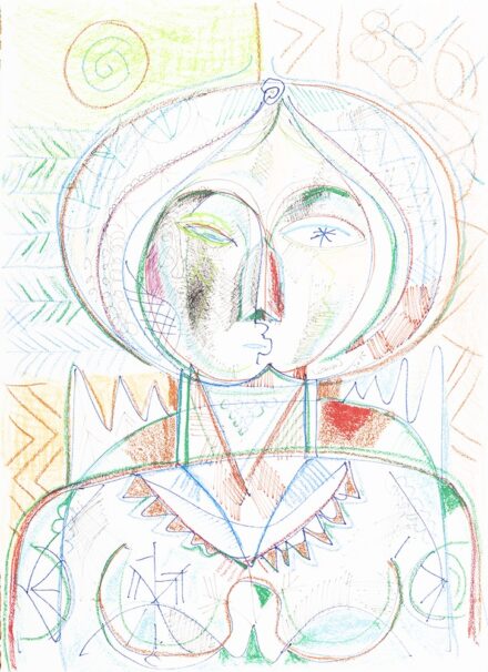 Kozma István (Szatmárnémeti, 1937 - ) Stilizált nőalak Golyóstoll, kréta, merített papír 845 X 605 mm Jelezve középen: Kozma I. 2015