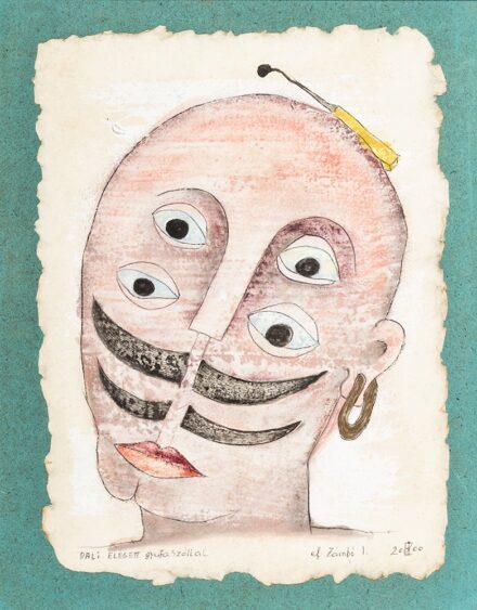 ef Zámbó István (Salgótarján, 1950 - ) Dali elégett gyufaszállal Gouache, golyóstoll, merített papír 300 X 220 mm Jelezve jobbra lent: ef Zámbó I. 2000