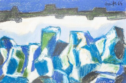 Szeift Béla (Gödöllő, 1944 - 2012) Kék város Zsírkréta, papír 16 X 25 cm Jelezve jobbra fent: Szeift 64